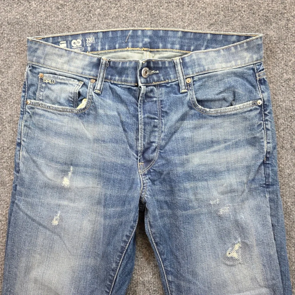 G-Star Raw Jeans Mens 33x33 Blue 3301 Slim Straight Distressed Button Fly Faded